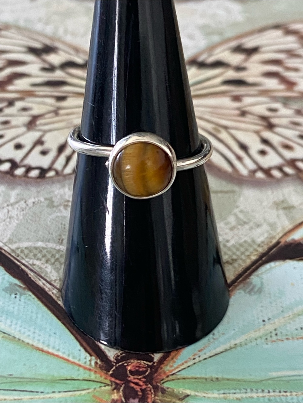 Sterling Silver 935 Bezel Ring with Brown Tiger's Eye Cabochon